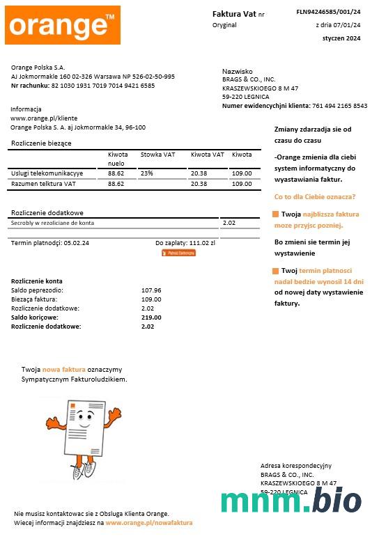 Poland Orange rachunek za usługi komunalne szablon w formatach Word i PDF